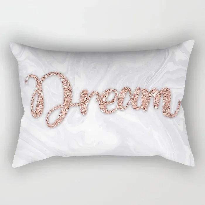 taie d'oreiller rectangulaire rose blanc doré motif géométrique moderne lit chambre décoration maison