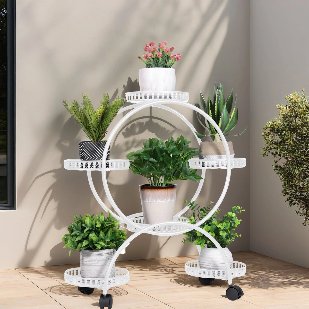 support fleurs roulettes robuste moderne noir blanc pot fleuri plante verte ajouré minimaliste
