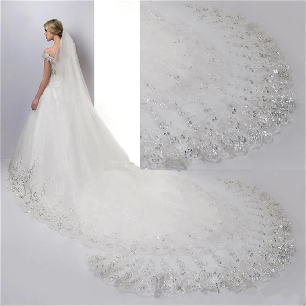 voile mariée classique broderie florale dentelle translucide blanc crème bordure élégante paillettes monocouche