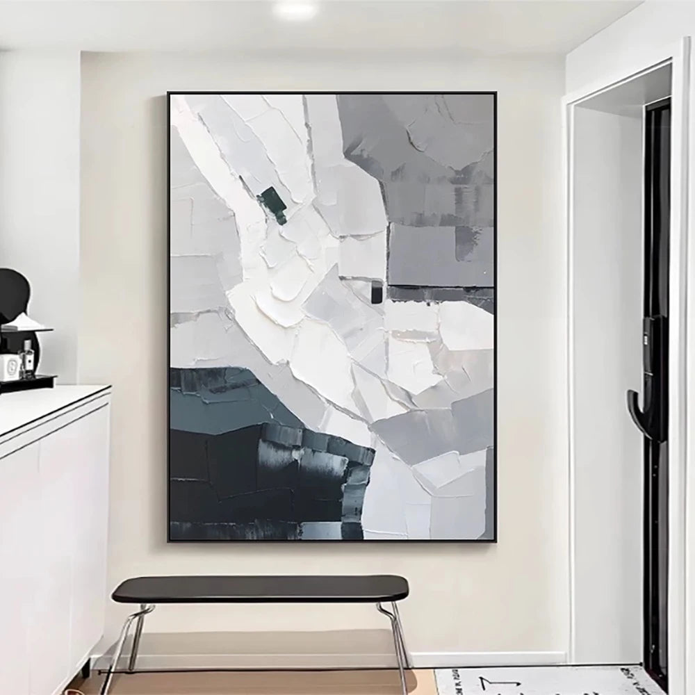 tableau abstrait moderne peinture l'huile gris blanc noir texture rugueuse sans cadre décoration murale