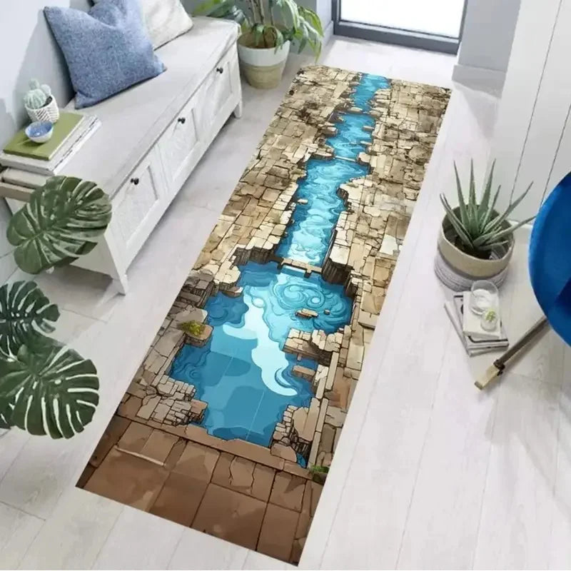 tapis illusion optique paysage naturel bleu gris moderne anti dérapant polyester résistantintérieurextérieur