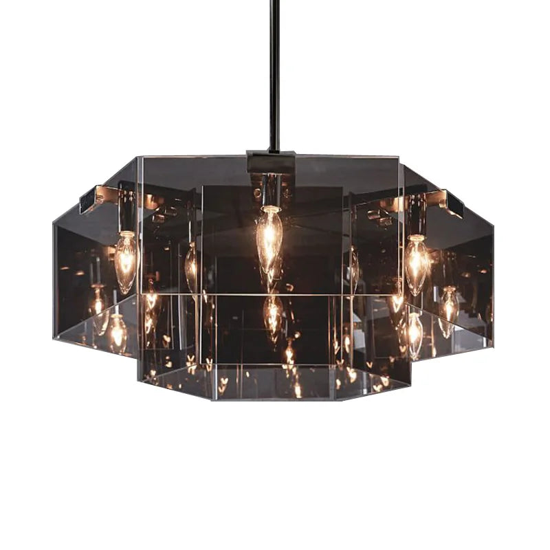 lampe suspendue moderne noir transparent facettes géométriques réfléchissantes salon restaurant chambre