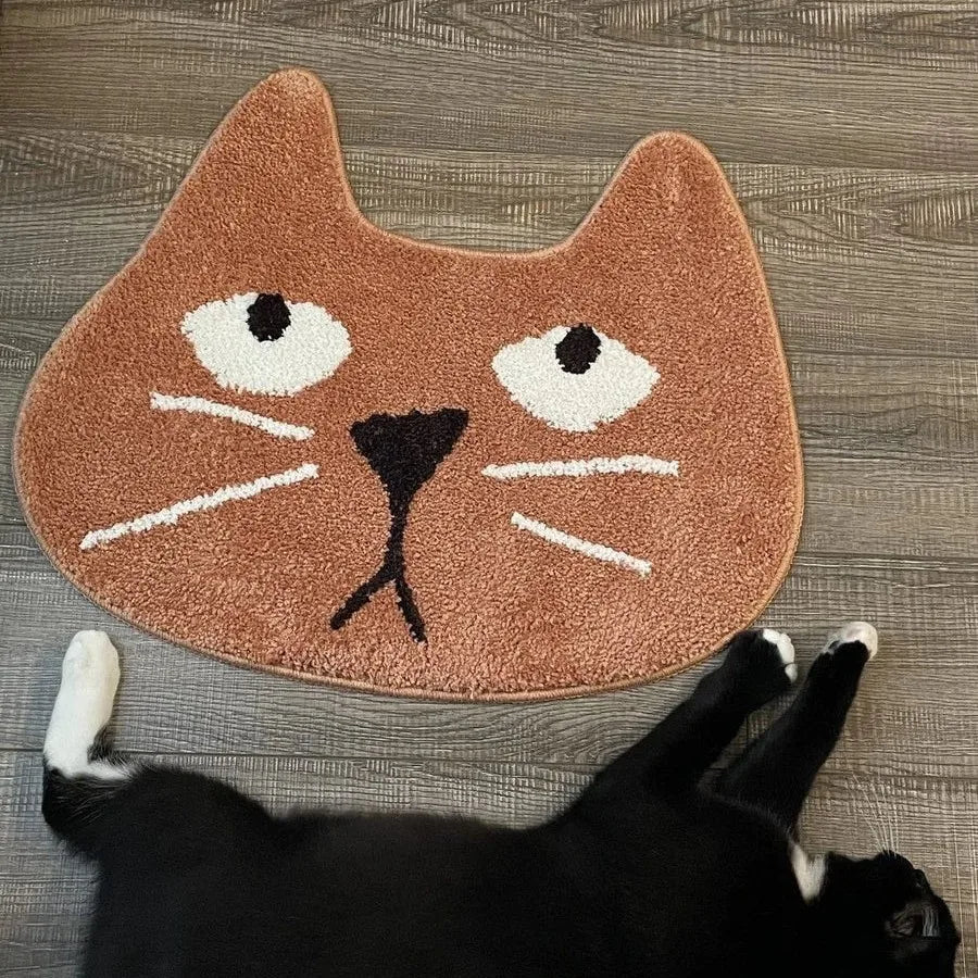 tapis sol antidérapant imperméable polyester motif chat visage orange marron vert moderne salle bain