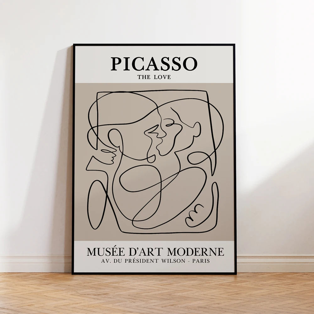 affiche abstraite baiser amour contemporaine minimaliste toile noir beige cadre aluminium