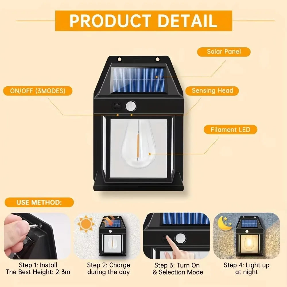 lampe solaire murale noire moderne panneau solaire ampoule led filament détecteur lumière extérieure résistante
