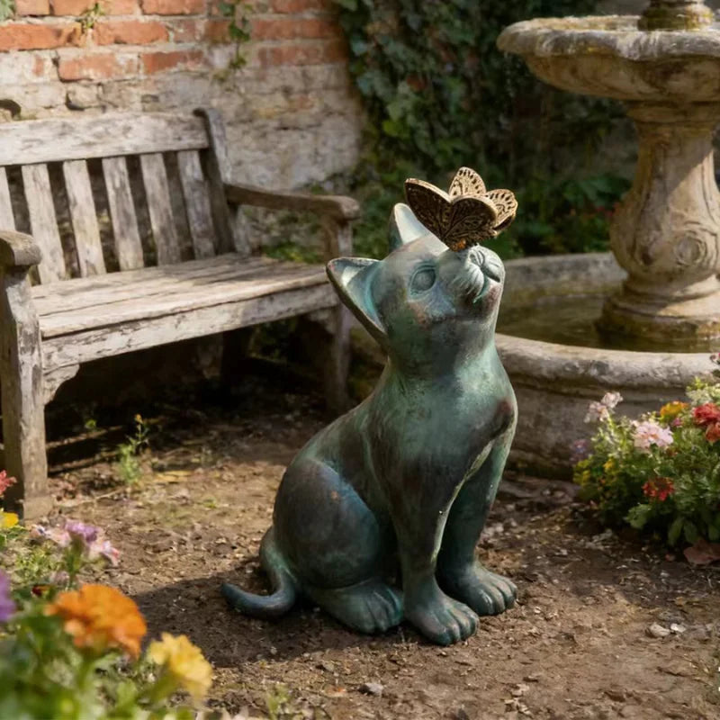 statue chat papillon bronze vert marron extérieur jardin decoratif resine aspect patine texturéextérieur