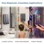 distributeur savon mural rechargeable blanc gris moderne minimaliste adhésif boutons déclenchement fenêtre transparente