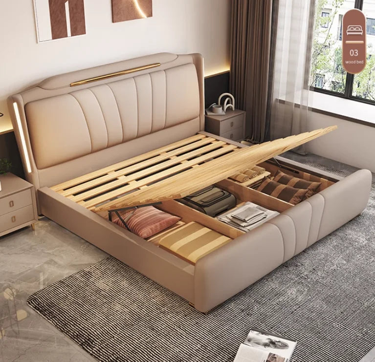 lit moderne bois tiroirs intégrés 182cm 151cm beige simples lignes verticales