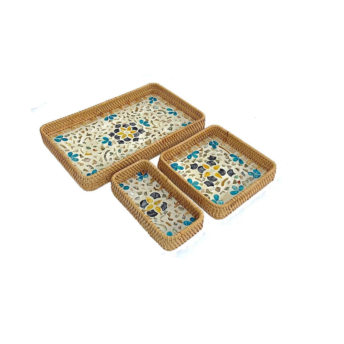 ensemble assiettes décoratives rotin motifs floraux boho rustique beige vert bleu blanc
