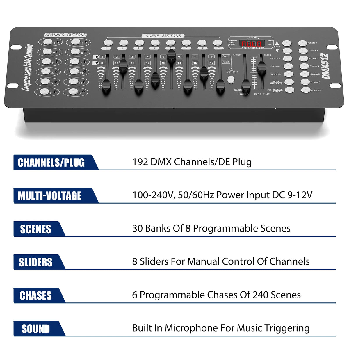 contrôleur d'éclairage scène DMX 512 LED professionnel 192 canaux console autoinstallation moderne