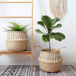 panier tressé macramé naturel blanc boho rangement stockage respectueux environnement franges poignées corde