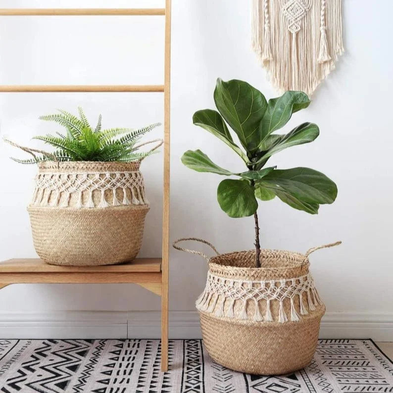 panier tressé macramé naturel blanc boho rangement stockage respectueux environnement franges poignées corde