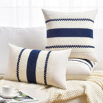 taies d'oreiller boho rayures horizontales beige bleu marine coussins lit non toxiques