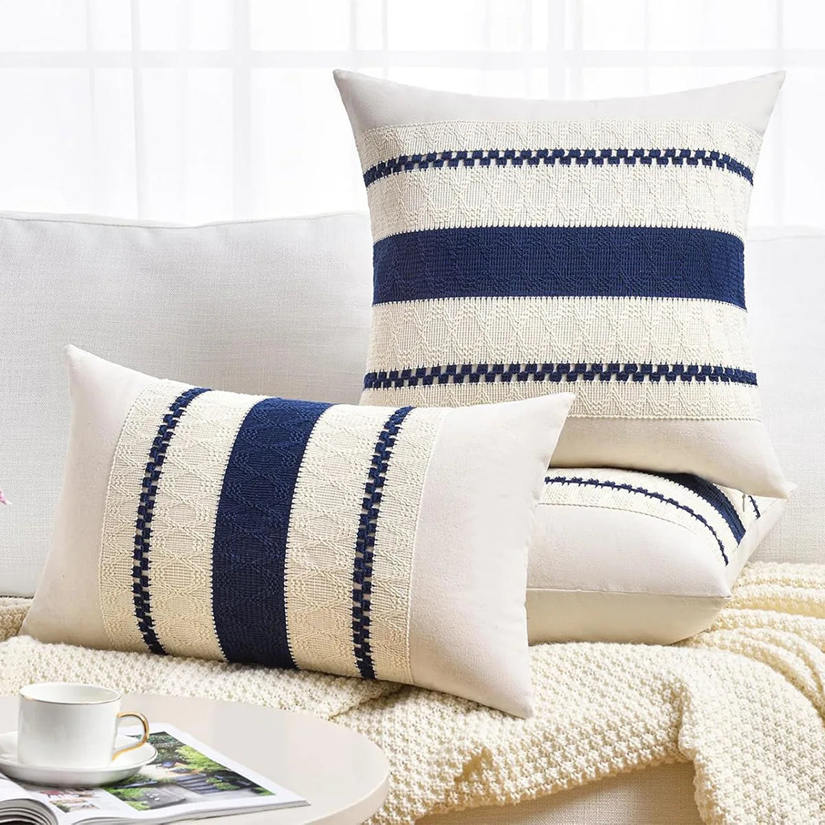 taies d'oreiller boho rayures horizontales beige bleu marine coussins lit non toxiques