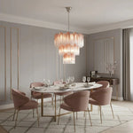 lustre moderne verre marbré rose ampoules led chaines metalliques élégantes
