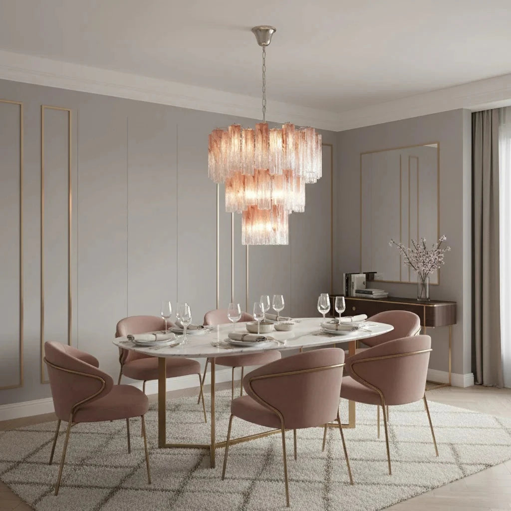 lustre moderne verre marbré rose ampoules led chaines metalliques élégantes