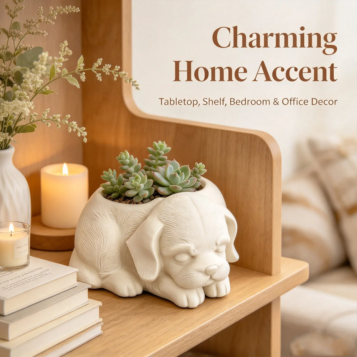 cache pot forme chien dormant texture fourrure couleur marron blanc beige réaliste