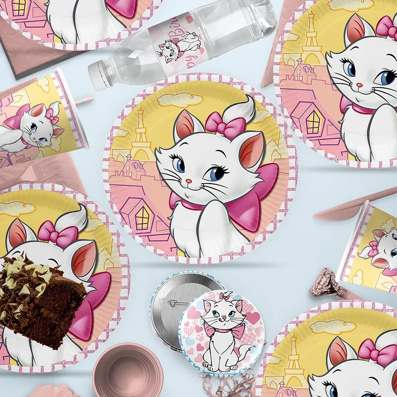 décoration anniversaire fille chat blanc rose assiettes gobelets pailles broches autocollants fête enfant