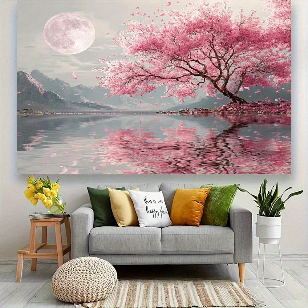 toile d'art paysagère opaque réaliste arbre fleuri montagnes lune eau canapé coussins tapis salon
