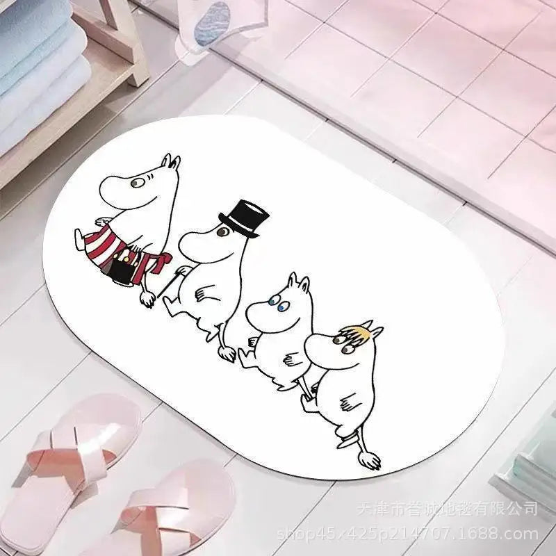 tapis sol moomin dessins animés rose clair blanc rouge bleu personnages fleurs illustration salle