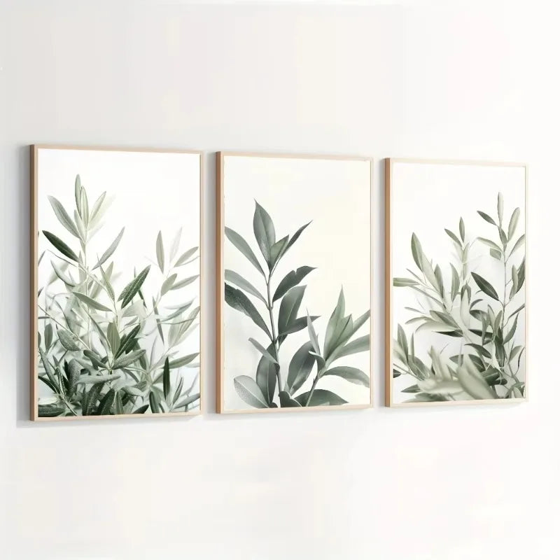 toiles d'art minimaliste feuilles vertes naturelles cadres bois vert blanc beige