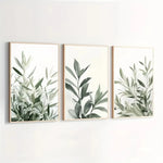 toiles d'art minimaliste feuilles vertes naturelles cadres bois vert blanc beige