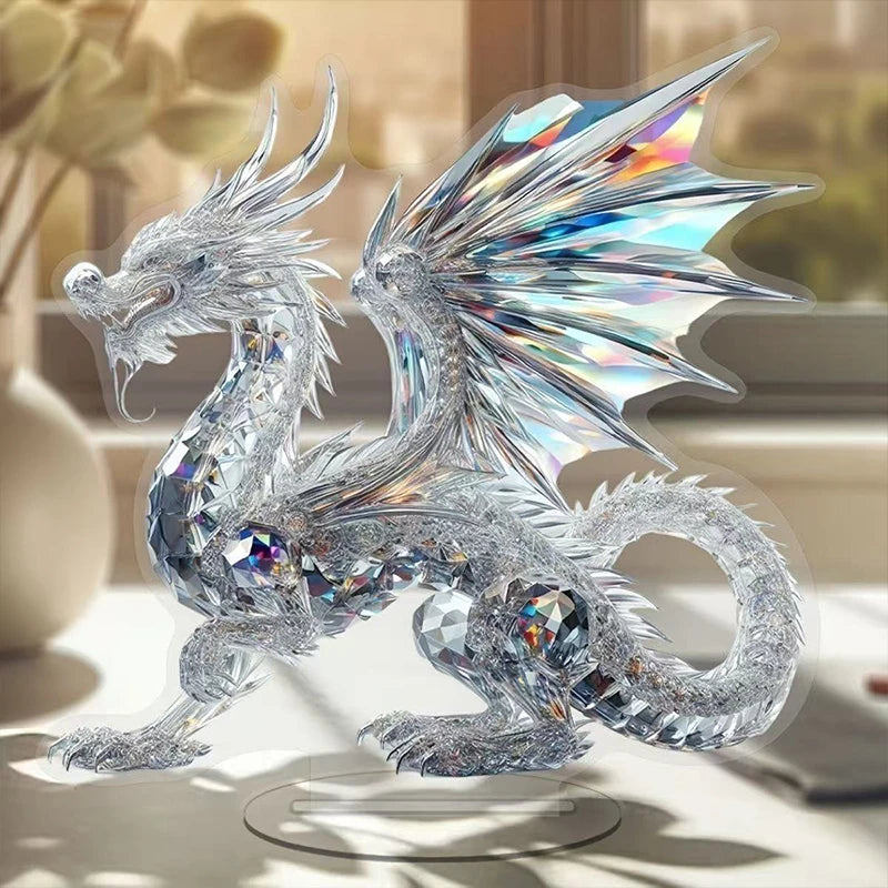 sculpture paon plumes ornements bleus argentés sculpture dragon ailes déployées sculpture loup socle rocheux