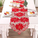 chemin table brodé noël fleurs poinsettia rouge blanc festif voile table runner decoration festive