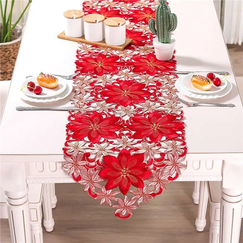 chemin table brodé noël fleurs poinsettia rouge blanc festif voile table runner decoration festive