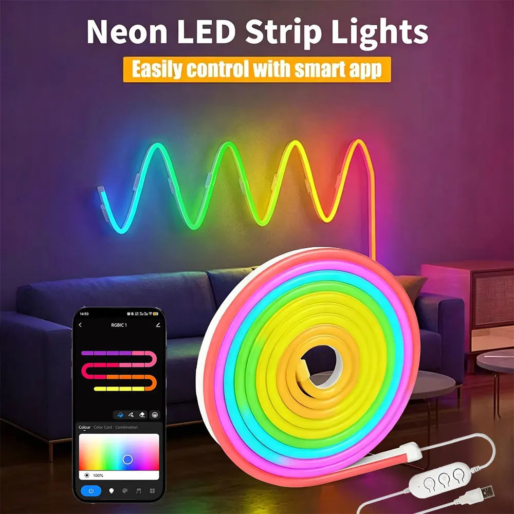 ruban led néon multicolore synchronisation bluetooth adhésif lisse moderne lumières fixations USB