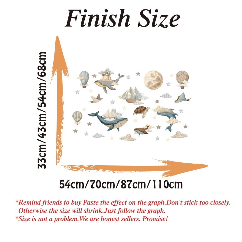 sticker mural thème océan baleines tortues bateaux 3d adhésif enfant illustration marine