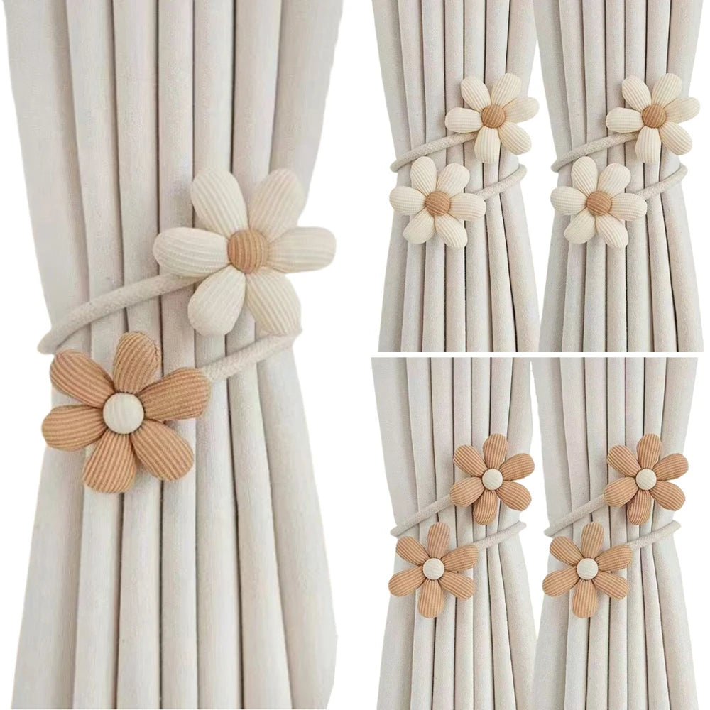 accessoires rideau fleurs texturées attaches ficelles bohème decor maison anneaux boucles tressées rustique