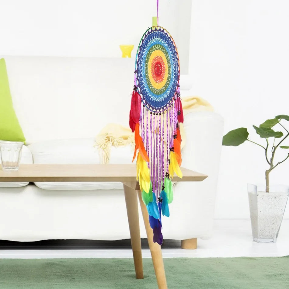 attrape rêves bohème multicolore plumes crocheté tringle décoration chambre salon