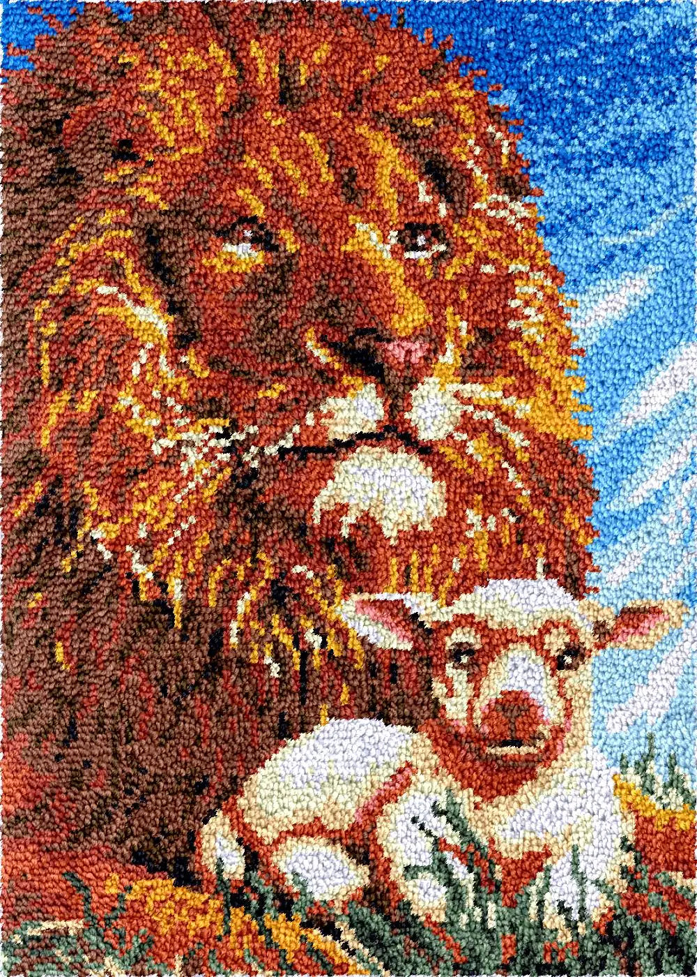 tapis broderie lion agneau coussin coeurs pelotes laine grille instructions débutant
