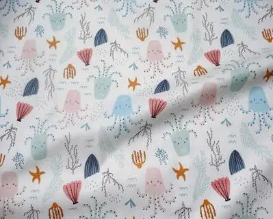 tissu coton imprimé thème marin poissons coquillages enfants blanc rose bleuclair vert