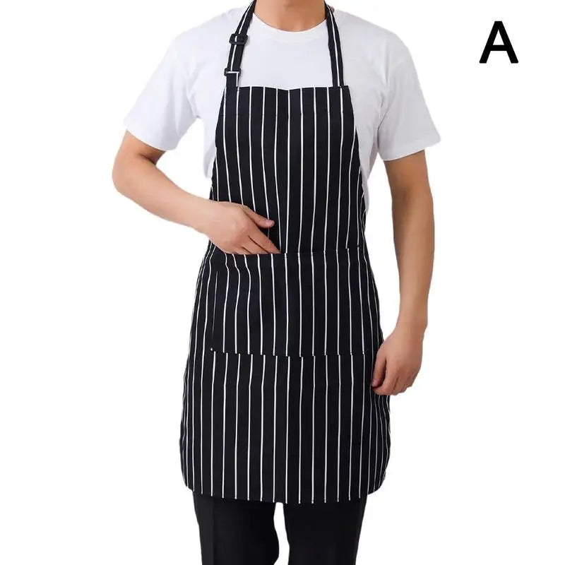 tablier cuisine chef noir blanc rouge marron rayures poivrons poche avant crochets métalliques coton