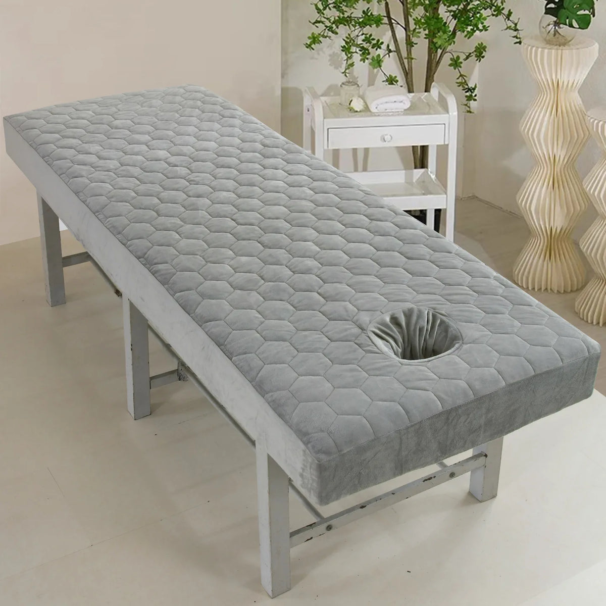 couvre lit massage lit adulte polyester motif hexagonal gris moderne