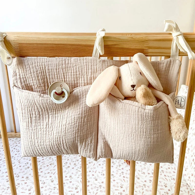 sac rangement lit bébé toile coton beige rose gris jaune simple rustique