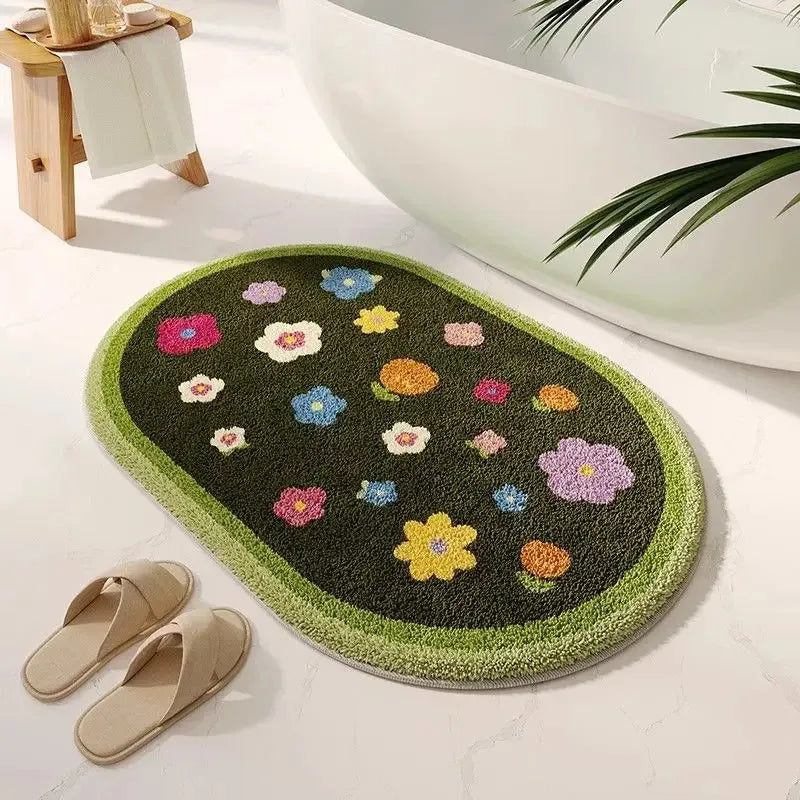 tapis bain moderne fleurs colorées résistant l'eau antidérapant vert blanc jaune rose bleu orange
