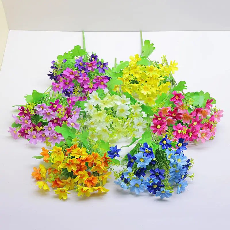 bouquet artificiel fleurs simples feuilles vertes moderne décoration intérieure opacité bleu rose jaune vert