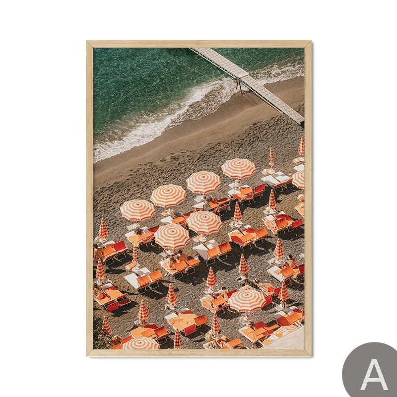affiche moderne toile paysage plage parasols nageurs vert beige orangé poser sans cadre minimaliste