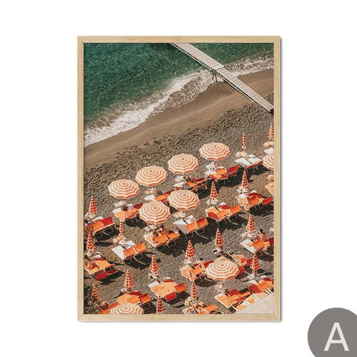 affiche moderne toile paysage plage parasols nageurs vert beige orangé poser sans cadre minimaliste