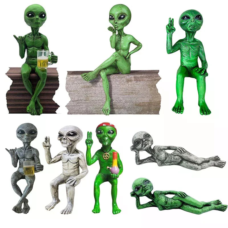 statues aliens résine vert gris moderne humour verre bière vin fixations