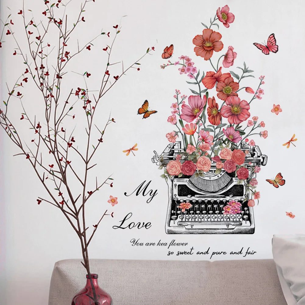 sticker mural fleurs vintage papillons machine écrire my love romantique noir blanc rose rouge