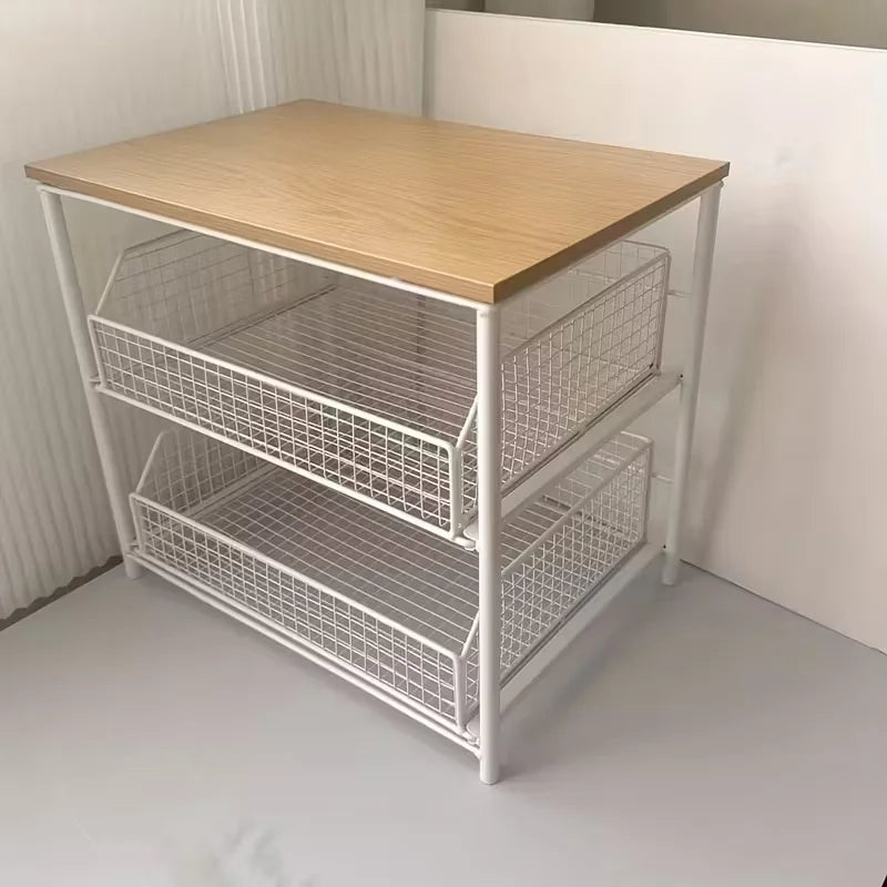rangement étagère métal tiroirs ajourés industriel moderne plateau bois cuisine stockage multifonctionnel