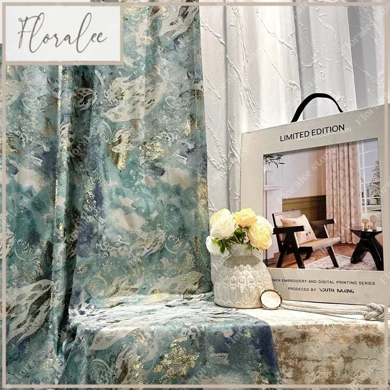 rideau occultant bleu gris doré motif floral brodé épais salon chambre classique élégant maison