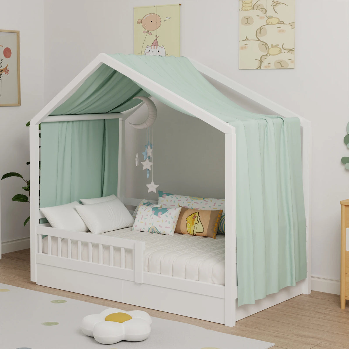 lit cabane enfant blanc moderne minimaliste coussins rideaux latéraux tapis
