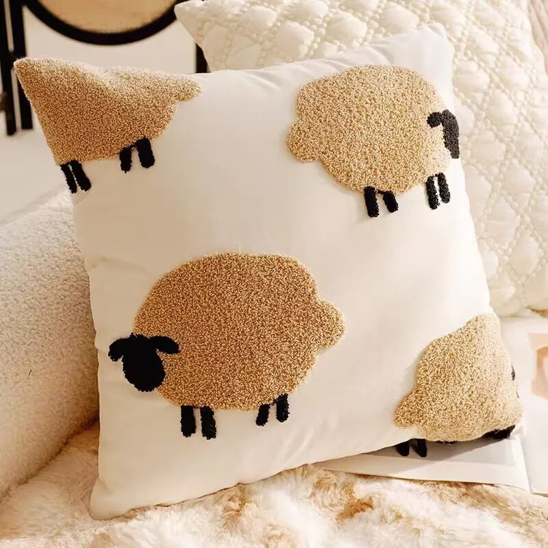 housse coussin brodé chevaux stylisés moderne marron noir blanc 45x45cm polyester adhésif chambre maison