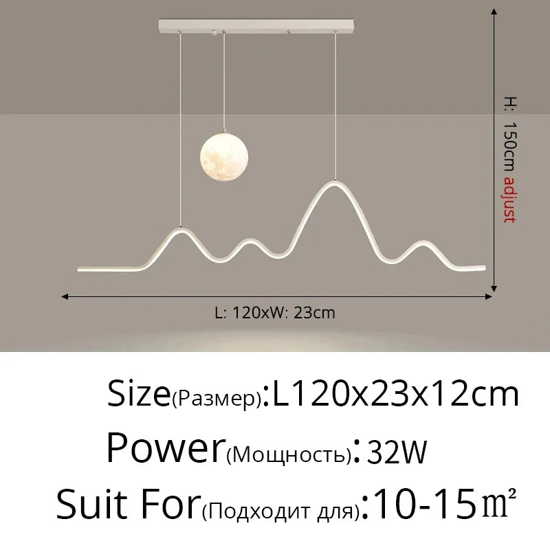 suspension moderne minimaliste luminaire vague lune forme ondulée blanc noir doré led chambre restaurant