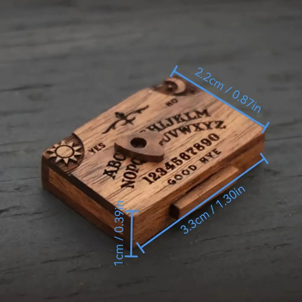 jeu société ouija miniature bois gravure lettres symboles soleil lune oiseau vintage